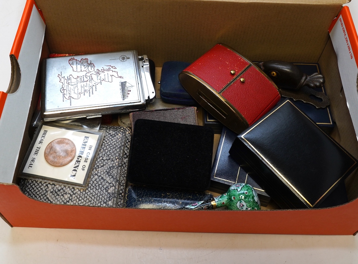 A quantity of empty jewellery boxes, a duck paper clip, a Festival of Britain commemorative coin, a cigarette case, etc. Condition - fair to good